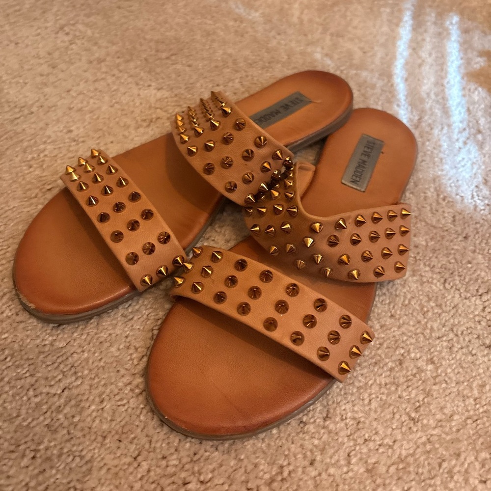 Steve Madden - Brown Slide Sandals with Gold Spike Studs